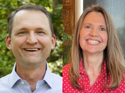 On the left, JB smiles in an outdoor setting. On the right, Jennifer is smiling and wearing a red polka dot shirt.